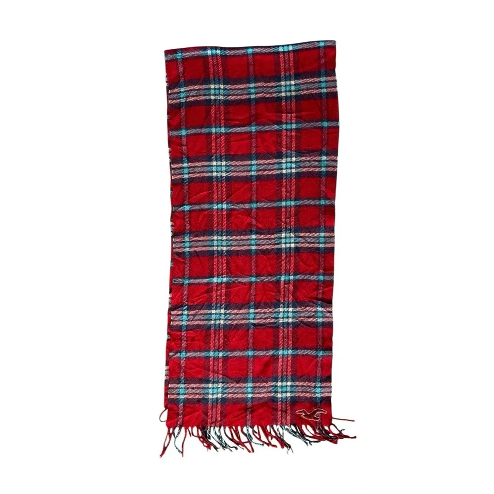Hollister Red Plaid Fringe Logo Scarf Cozy Preppy Winter‎ Cabincore Outdoors Ivy